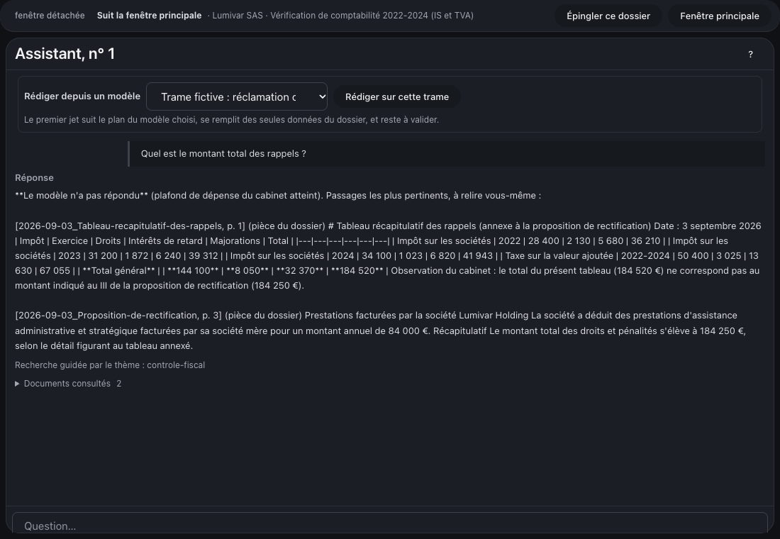 Capture d'écran : une recherche qui cite document et page (dossiers fictifs)